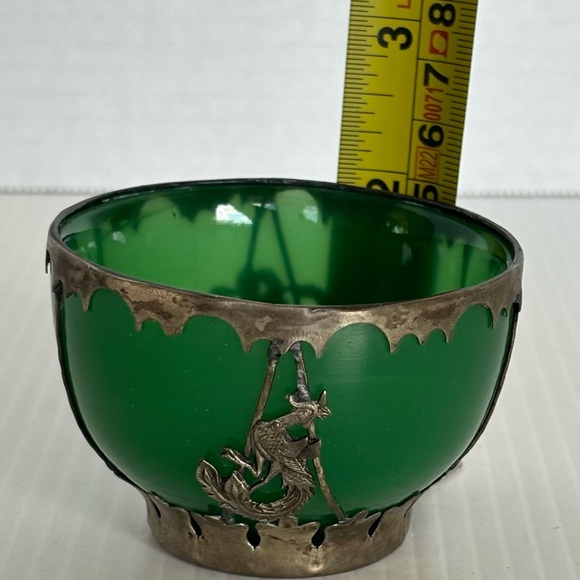 Chinese Green jade colored glass Bowls Metal Mount with Dragon & Phoenix vintage - Picture 8 of 9